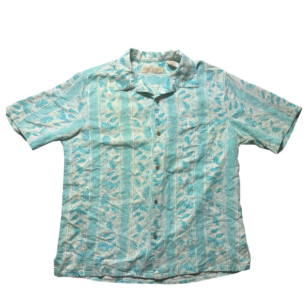 Island Republic Mens L Tropical Leaf‎ Print Button Up Shirt Short Sleeve Silk